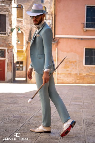 Double bow tie classic teal wedding suit 100% made in Italy by Cleofe Finati