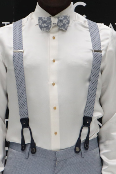 Transition Employee go Light blue white suspenders for a glamorous light navy men's suit 100% made  in Italy