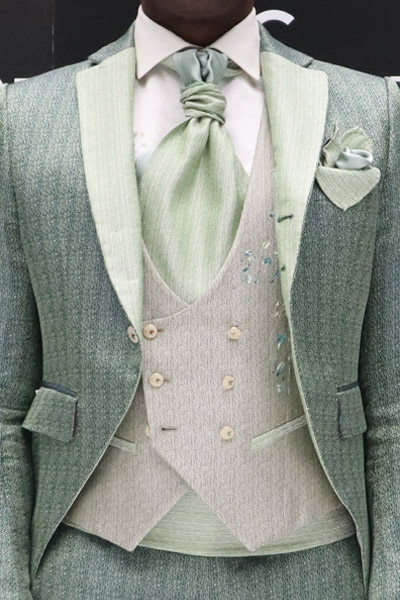 Giacca abito da sposo fashion verde tramatura in evidenza made in Italy 100% by Cleofe Finati