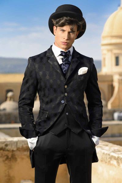 Classic wedding suit tail coat line in black brocade 100% made in Italy by Cleofe Finati