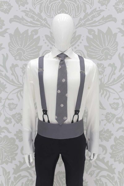 Smoke grey classic suspenders blue black wedding suit 100% made in Italy by Cleofe Finati