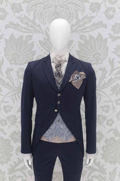 Double pocketchief grey dusty blue sand fashion wedding suit navy blue 100% made in Italy by Cleofe Finati