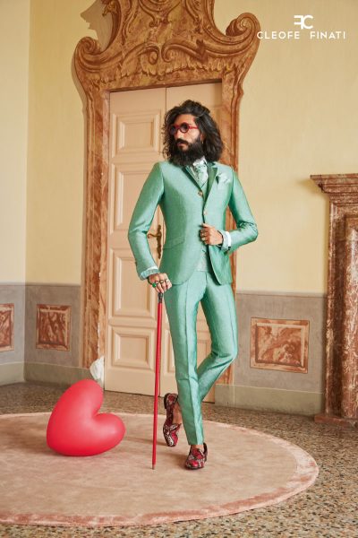 Abito da uomo verde mela con venature col rosso linea coreana glamour made in Italy 100% by Cleofe Finati