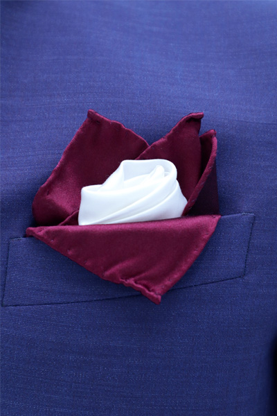 Double pocket handkerchief blue and bordeaux groom suit made in Italy 100% by Cleofe Finati
