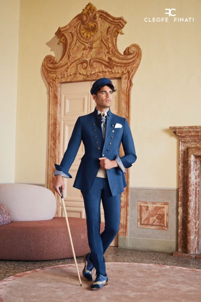 Blue divided redingote line wedding suit 100% made in Italy by Cleofe Finati